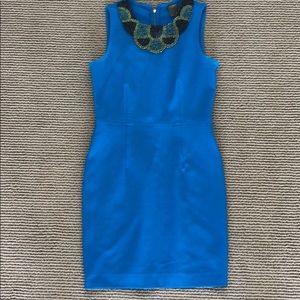 Bright blue sleeveless dress w beaded neck detail